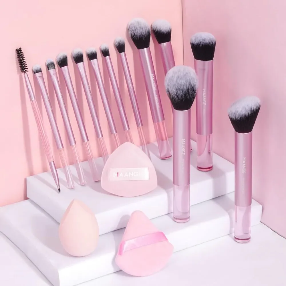 Maange 16 Pieces Pink Makeup Brushes Travel Set For Cosmetics Blending